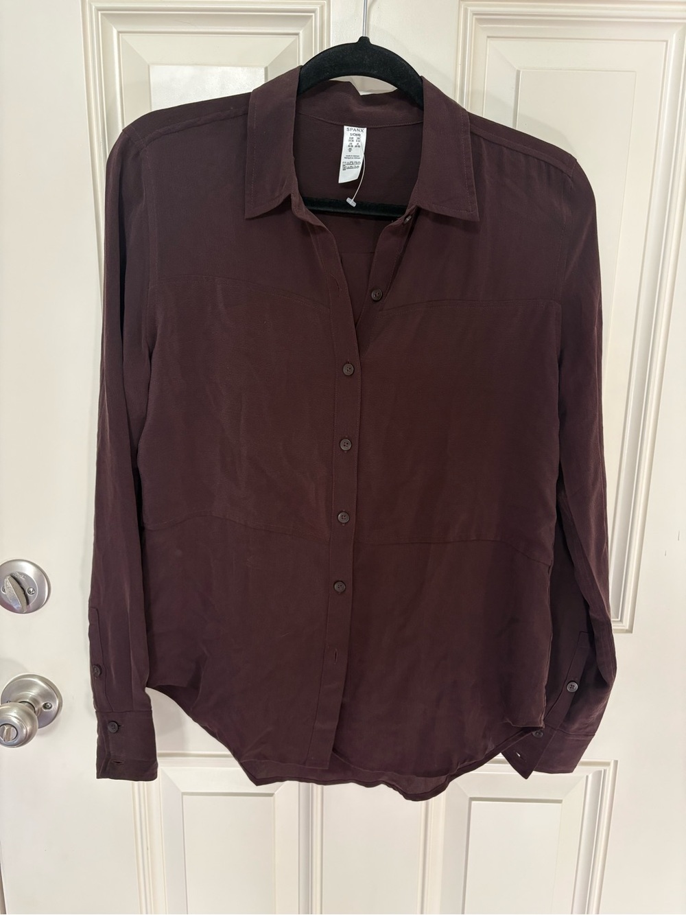 Spanx Low Maintenance Silk Button Up Shirt Size Small in Cherry Chocolate